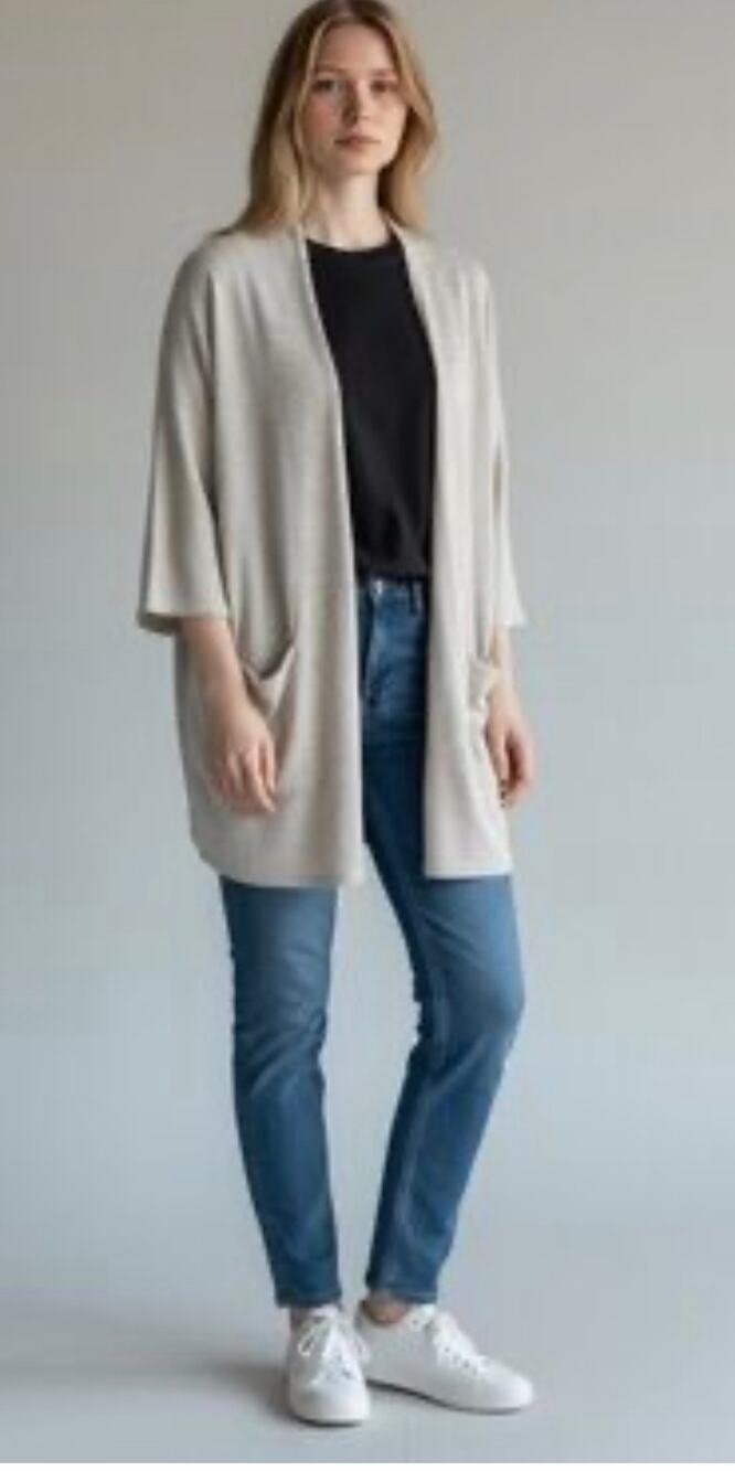 NWT DONNI. Ribbed Open Front Cardigan Light Gray Stripe Pockets OSFA, MSRP $178